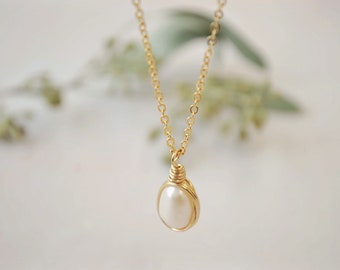 gold filled pearl necklace, delicate chain with wire wrapped pearl pendant, wedding jewellery, june birthstone necklace