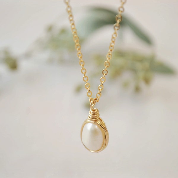 gold filled pearl necklace, delicate chain with wire wrapped pearl pendant, wedding jewellery, june birthstone necklace