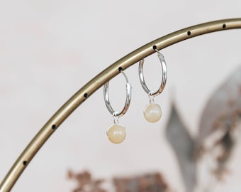 Pale yellow jade hoop earrings, real Jade earrings, small gold filled or sterling silver hoops, autumnal earrings