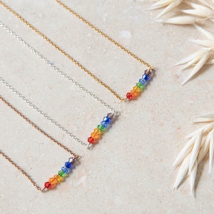 upcycled crystal rainbow necklace, symbol of hope pride luck, delicate sterling silver and gold vermeil chain image 1