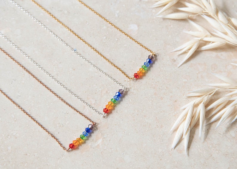 upcycled crystal rainbow necklace, symbol of hope pride luck, delicate sterling silver and gold vermeil chain image 1