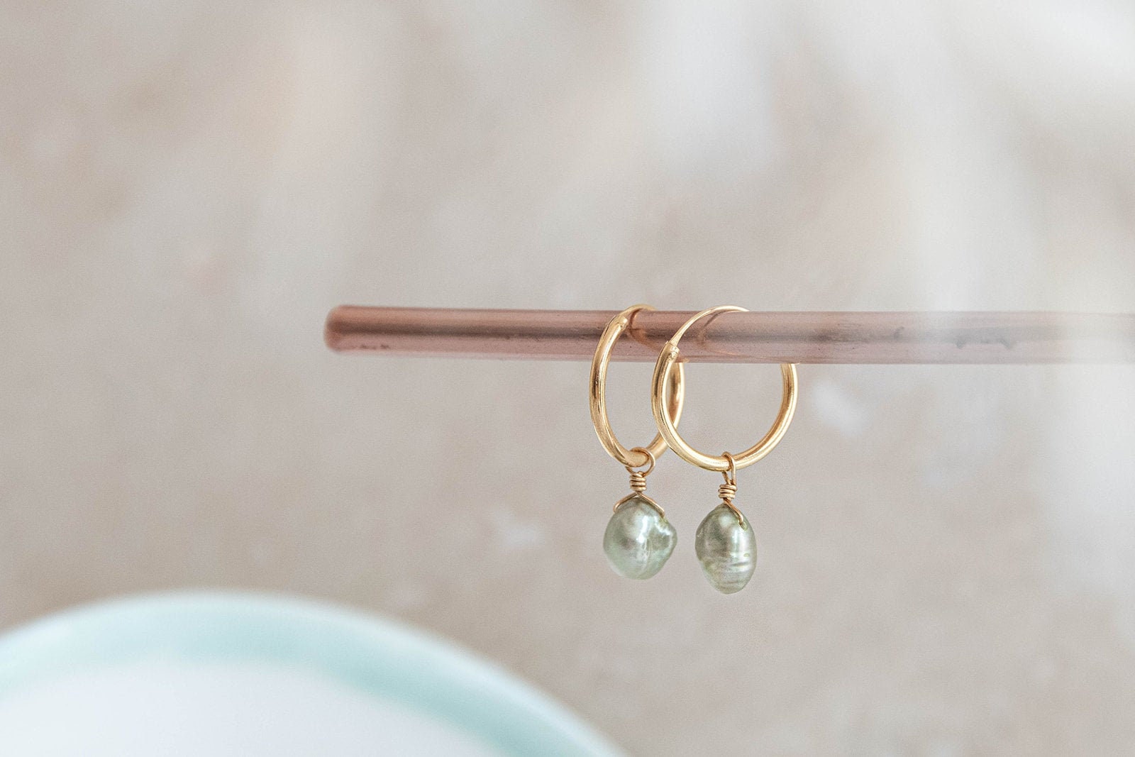 Orbit eucalyptus pearls gold filled hoop earrings with pale | Etsy