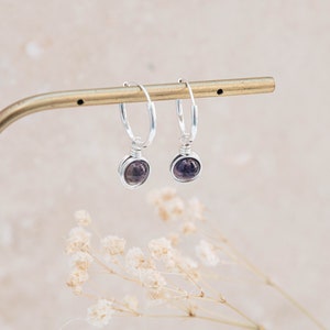 amethyst gold filled hoops, infinity wire wrapped amethyst gemstone charm earrings, february birthstone earrings, 6th wedding anniversary image 3