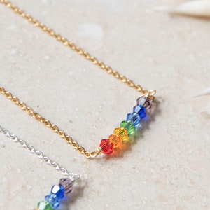 upcycled crystal rainbow necklace, symbol of hope pride luck, delicate sterling silver and gold vermeil chain image 2