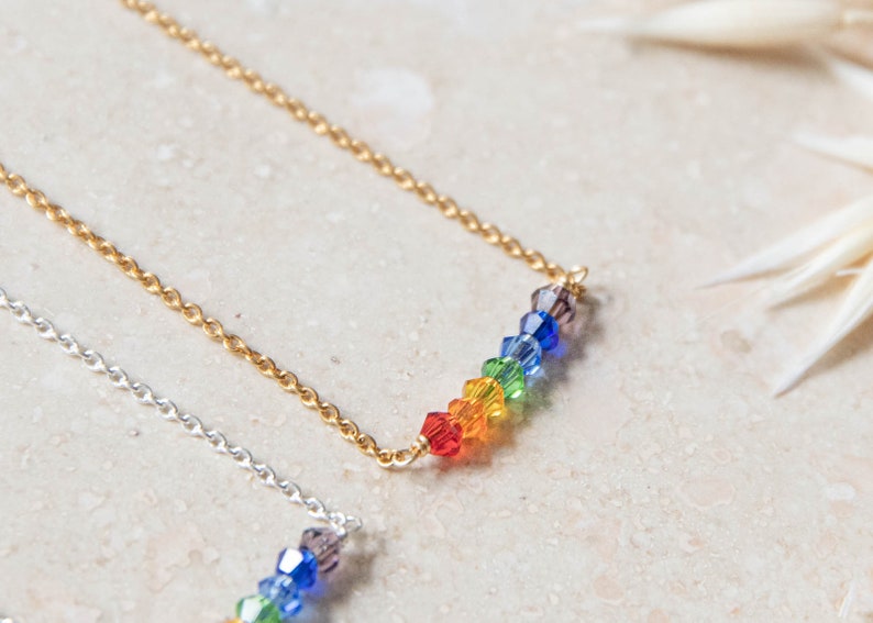 upcycled crystal rainbow necklace, symbol of hope pride luck, delicate sterling silver and gold vermeil chain image 2