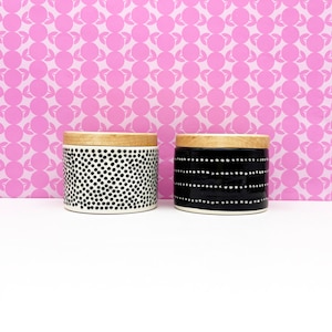 2 Mixup Patterns Ceramic Salt/Pepper Cellars with Wood Lids