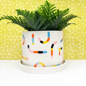 Multi Colored Line Ceramic Planter-large with drainage tray