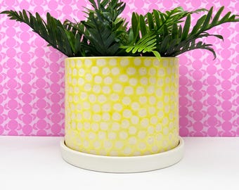 SALE: Yellow Dotted Ceramic Planter - large with drainage tray