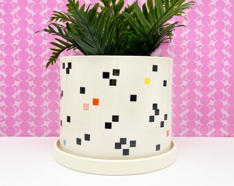 Image of Square ceramic planter with checkerboard pattern