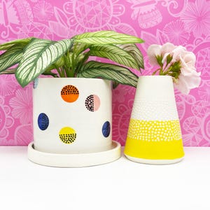 Pode incluir: Dois vasos de cer&acirc;mica branca com padr&otilde;es de bolinhas coloridas. Um vaso &eacute; um cilindro com um pires e cont&eacute;m uma planta verde. O outro vaso &eacute; em forma de cone e cont&eacute;m flores cor-de-rosa.