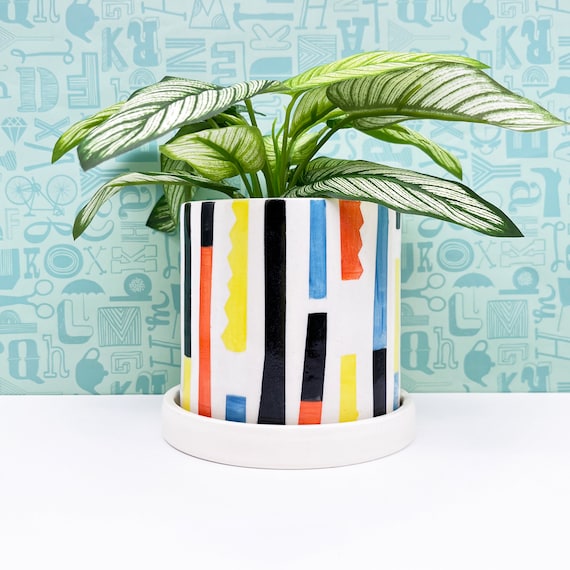 Multi Colored Stripe Ceramic Planter-medium
