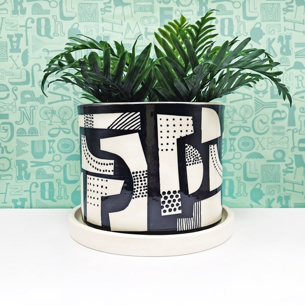 Black Shapes and Patterns Ceramic Planter-large