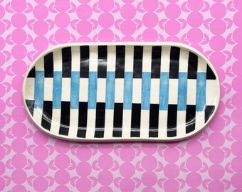 Turquoise and Black Stripe Ceramic Tray