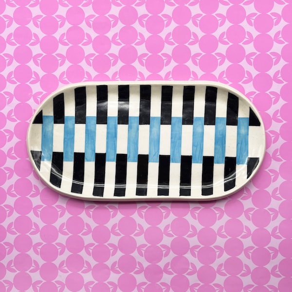 Turquoise and Black Stripe Ceramic Tray