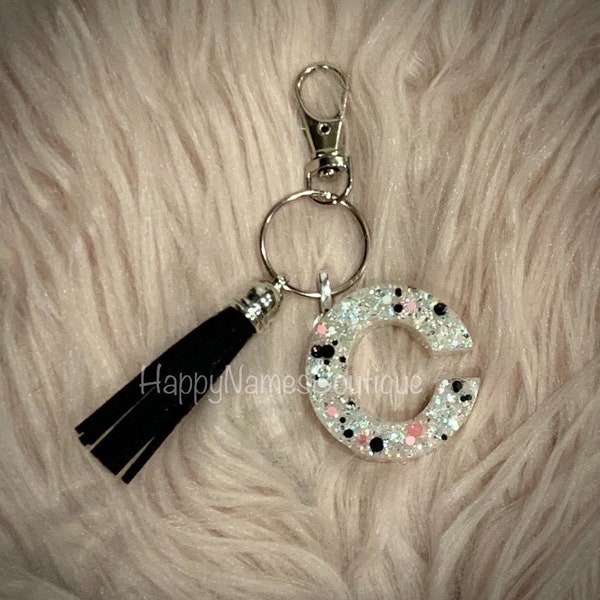 Glitter letter keychain / custom initial keyring / white glitter keyring / first initial keychain / bride key ring / stocking stuffer