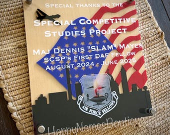 May include: A wooden plaque with a patriotic theme, featuring a stylized American flag and a blue star-studded shape. Text includes "SPECIAL COMPETITIVE STUDIES PROJECT" and "AIR FORCE FELLOWS". The plaque is mounted with silver hardware.