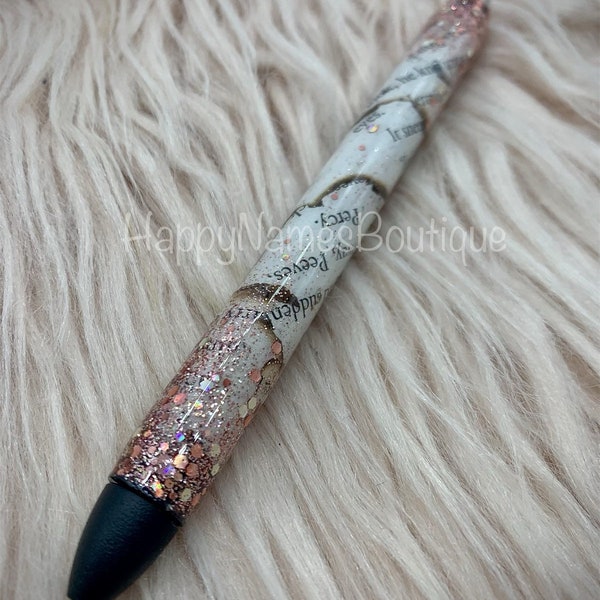 Book pages glitter pen / book lover glitter pen / custom epoxy glitter pen / refillable ink joy pen / teacher gift