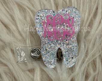 Glitter tooth badge reel / custom monogram badge reel / Dental badge reel / personalized badge reel / dental assistant badge holder