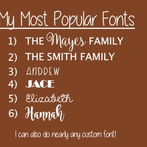 May include: A list of the most popular fonts, including "The Mayes Family", "The Smith Family", "Andrew", "Jace", "Elizabeth", and "Hannah". The text is written in white on a brown background.