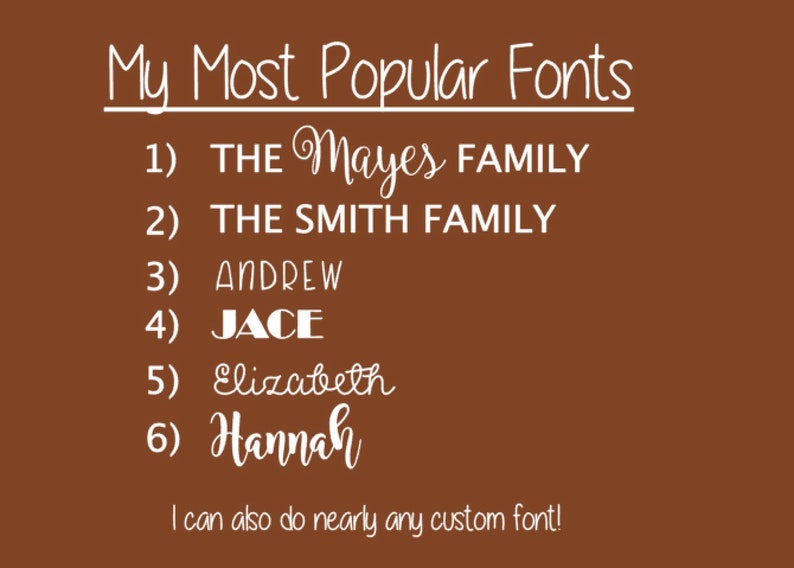 May include: A list of the most popular fonts, including "The Mayes Family", "The Smith Family", "Andrew", "Jace", "Elizabeth", and "Hannah". The text is written in white on a brown background.