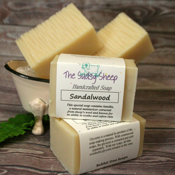 SOAP - Sandalwood Scented, Lanolin-Enriched, Cold-Process, Artisan Hand-Crafted Bar Soap