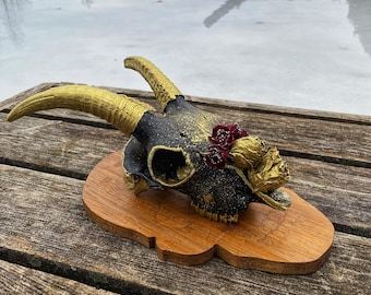 Painted Goat Skull with Dried Roses / Gothic Home Decor / Oddities