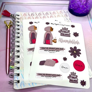 May include: A set of stickers featuring a woman wearing a hijab and the text "My Hijab is my Crown". The stickers also include the text "Alhamdulilah" and a quote from the Quran: "And He found you lost and guided you."  The stickers are on a white background.