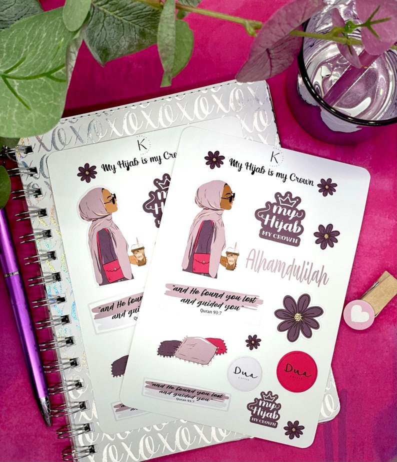 May include: A set of stickers featuring a woman wearing a hijab, a crown, and the text "My Hijab is my Crown". The stickers also include the text "Alhamdulilah", "Dua", and a Quran verse.