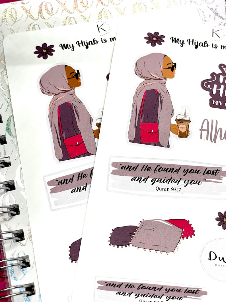 May include: Two sticker sheets with illustrations of a woman wearing a hijab and holding a cup of coffee. The stickers also include text that says "My Hijab is my Crown" and a Quran verse: "and He found you lost and guided you" Quran 93:7.