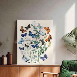 Framed Canvas Wall Art, Rustic Flower Vases and Butterflies Prints, Vintage Farmhouse Botanical Decor for Kitchen, Bedroom or Living Room