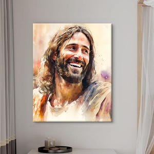 Jesus Smiling Canvas Art: Inspirational Watercolor Religious Decor
