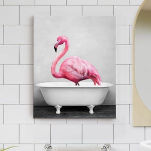 Framed Canvas Wall Art, Flamingo in Bathtub, Funny Animal Artwork, Whimsical Bird Painting for Bathroom or Home Decor