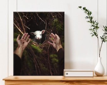 Jesus and Lamb Canvas Art: Christian Woodland Decor, Lost Sheep Rescue