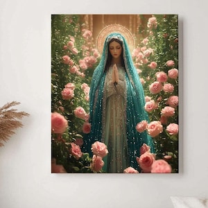 Virgin Mary Canvas Wall Art, Praying Madonna Surrounded by Roses, Spiritual Religious Framed Print, Catholic Home Decor for Living Room