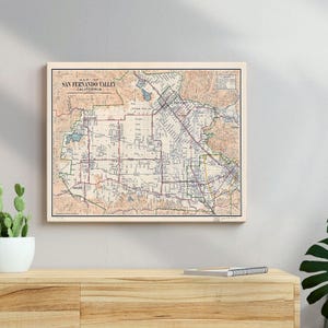 Framed Canvas Wall Art Vintage San Fernando Valley California Map, Historical Cartography Print, Antique Map Wall Decor for Office or Home