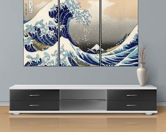 The Great Wave Off Kanagawa Canvas Wall Art with Floating Frame, Janpanese Landscape Painting Giclee Print Pictures Home Decor 3 Panels