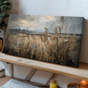 Framed Canvas Wall Art, Rustic Wheat Field Cloudy Landscape, and River Sunset Scene Vintage Nature Paintings for Living Room 10 x 20 inches