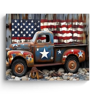 Rustic Patriotic Truck Canvas Art: Vintage American Flag Pickup Print