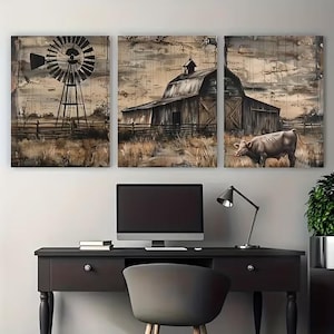 Rustic Farmhouse Wall Art Set Retro Style Landscape Canvas Windmill & Barn Theme Print