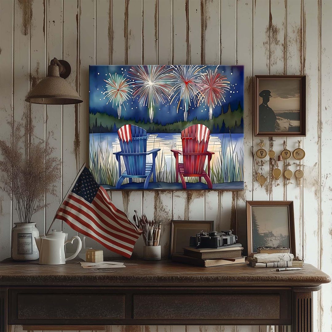 4th of July Canvas Wall Art Framed Patriotic Fireworks Lake View Print ...