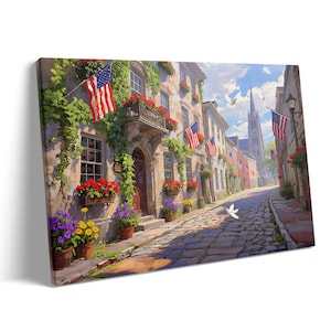 4th of July Summer Home Decor – Framed Patriotic Garden Canvas Wall Art – American Flag Landscape Prints –Independence Day USA Wall Hanging