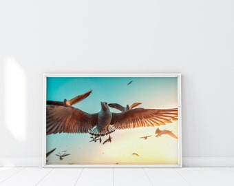 Pastel Sky Seagulls Print, Coastal Decor Poster, Sea Birds Photography, Nautical Birds flying art, Birds Flock Wall Art, Gulls, Beach Art