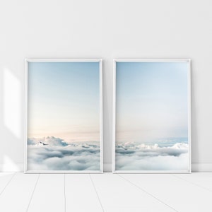 Above the clouds Print Set of 2, 2 pieces Skyscape Wall Art, Pastel Sky Poster, White Mountain top, Airplane view, Sky Blue Poster Decor