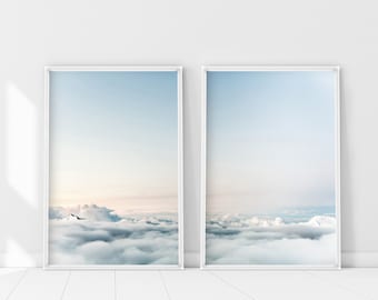 Above the clouds Print Set of 2, 2 pieces Skyscape Wall Art, Pastel Sky Poster, White Mountain top, Airplane view, Sky Blue Poster Decor