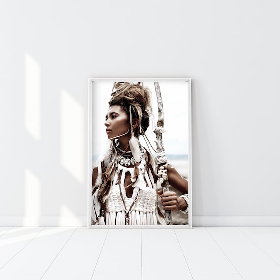 Woman Warrior Print, Burning Man Decor, Scandinavian Boho Poster, Pocahontas Printable, Native white feather headdress Wall Art, Gypsy art