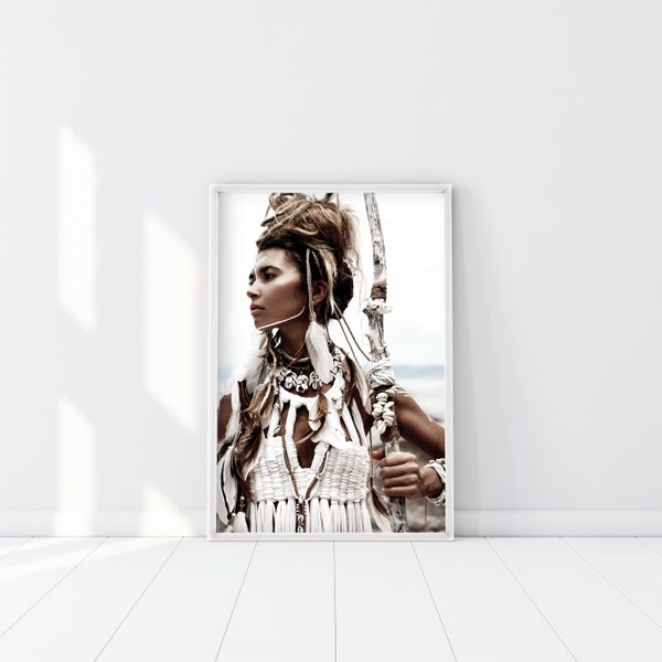 Woman Warrior Print, Burning Man Decor, Scandinavian Boho Poster, Pocahontas Printable, Native white feather headdress Wall Art, Gypsy art