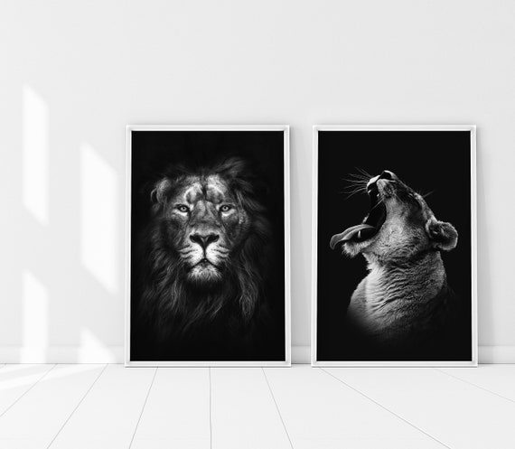 Black and White Lions Couple set print Safari Animal Set of 2 | Etsy