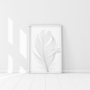 White Feather Print, Feather Poster, Minimalist Wall Art, Air Element Print, Scandinavian Feather Decor, Black & white feather photography