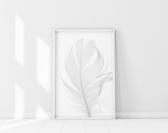 White Feather Print, Feather Poster, Minimalist Wall Art, Air Element Print, Scandinavian Feather Decor, Black & white feather photography