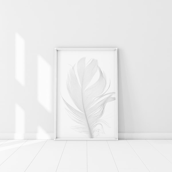 White Feather Print, Feather Poster, Minimalist Wall Art, Air Element Print, Scandinavian Feather Decor, Black & white feather photography